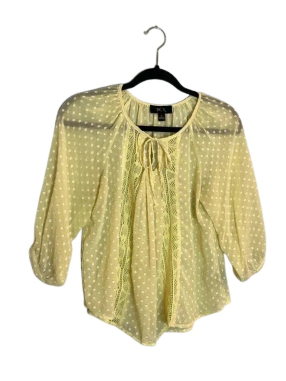 BCX Women's Swiss Dot Fabric V-Neck Tie bow Front Blouse Yellow Size S